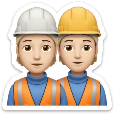 one person who has conjoined heads (total 2, joined at the neck). One head wears a construction cap, the other a woolen beanie. sticker
