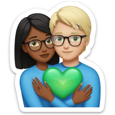 Un brazo abrazando un brazo abrazando un corazón un corazón azul emojidonde la mujer es de piel morena peli negra ojos cafes sin accesorios, y donde el hombre es piel blanca, pelo rubio, ojos verdes con lentes sticker