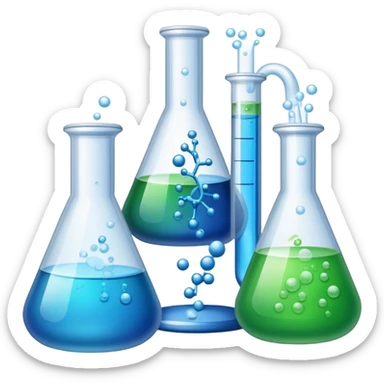 An icon featuring laboratory flasks with tubes, symbolizing chemistry. The design includes liquid and powder substances, a chemical reaction with bubbles, and molecular formulas, representing chemical processes like hydrolysis. Transparent background sticker