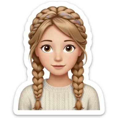 light brown hair blonde hair hazel eyes woman with a white cable knit sweater thatand one braid down her back  with tendrils of hair flowing down her face and she is happy pale, some freckles, blush. she has a cateye wing and long lashes she has eyeliner sticker