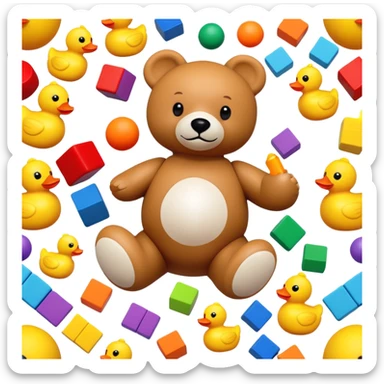 Colorful toys scattered together - teddy bear, rubber duck, toy blocks, ball, and action figures sticker