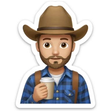 generate an ios genmoji of a 20 year old tan boy with a cowboy hat and mutton chop beard. Wearing a flannel and carrying a coffee mug sticker