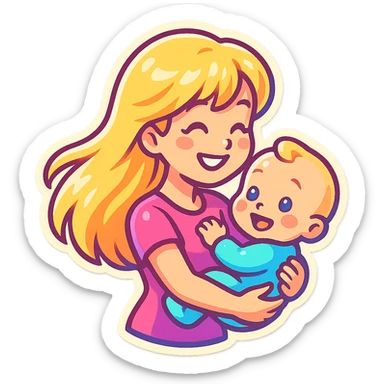 cute girl with long blonde hair holding a baby in her arms, smiling, side view, retro stickers style, thin clean outlines, soft rounded shapes, pastel palette, retro sticker aesthetic, detailed shadows and highlights, soft lighting sticker