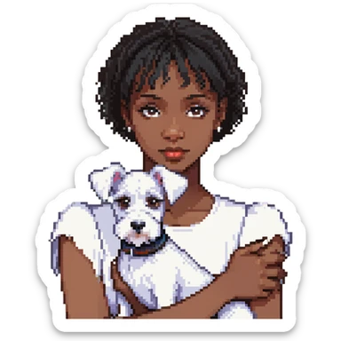 Black girl with short bangs holding a white schnauzer dog sticker
