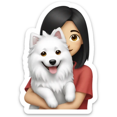 Japanese spitz dog hug black hair girl sticker
