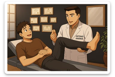 su questo lettino rappresenta un webtoon manga a colori con questo stile, in cui un uomo è steso sul lettino medico e il kinesiologo con il camice bianco (fagli anche la scritta "ANTONIO ANANIA" SUL CAMICE, gli solleva una gamba per fargli il test neuromuscolare, IL KINESIOLOGO SPIEGA ALL'UOMO UNA cosa mentre gli alza la gamba. l'espressione dell'uomo è felice e soddisfatta, non fare i fumetti però, fai solo in modo che sembri stiano parlando sticker