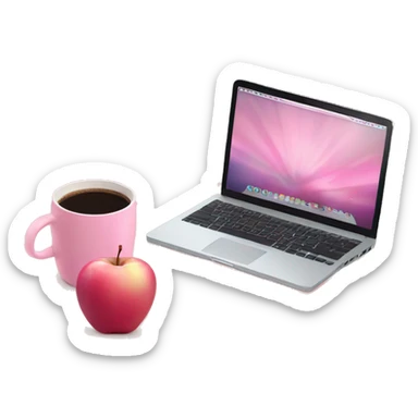 Pink apple computer with coffee and a pink notebook on top of the computer  sticker
