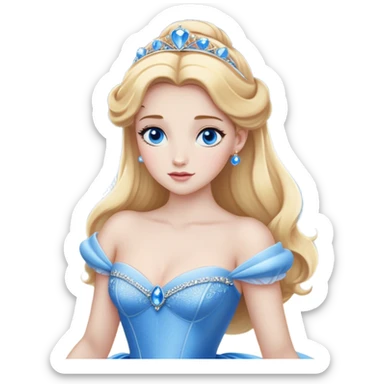 Cinematic Realistic Noble Cinderella Portrait, depicted with porcelain skin rendered in lifelike detail and soft, natural lighting that highlights every delicate nuance. Her intricately styled golden-blonde hair is arranged in an elegant updo, and her deep, expressive blue eyes radiate quiet determination. She wears her classic ball gown with rich fabric textures and delicate folds catching the light beautifully, all set against a subtly glowing, natural background that captures the essence of timeless royal grace. sticker