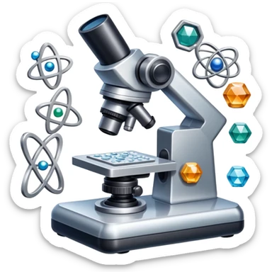 An icon featuring an electronic microscope, a metal alloy, atomic structure symbols, and a crystal structure, symbolizing materials science. The design includes different materials like metals, ceramics and polymers, alongside a stamp representing testing and quality control. Transparent background sticker