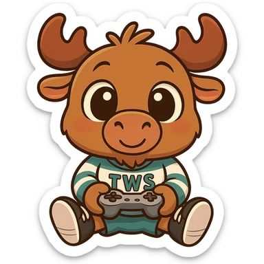 Transform the moose into a chibi style with a large head, small body, and big expressive eyes. The moose is holding a game controller, wearing shoes and a 'TWS' hockey jersey. The overall look is cute and playful. Remove the background. sticker