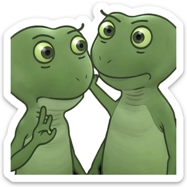 two aliens, a small one and a large one, are standing in an embrace and one is waving his hand sticker