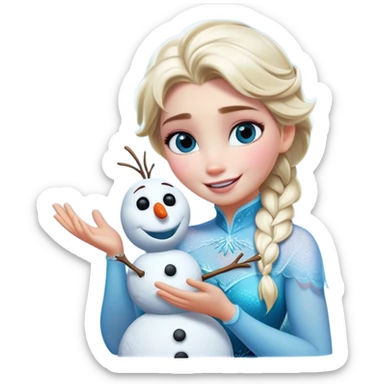 Cinematic Funny Elsa Portrait Emoji, Making a tiny snowman in her hands with a proud grin, looking smug as it dances, an unexpectedly hilarious moment of icy creativity! sticker