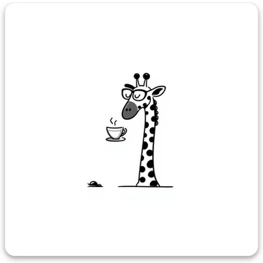 Giraffe with silly glasses trying to drink from a tiny tea cup sticker