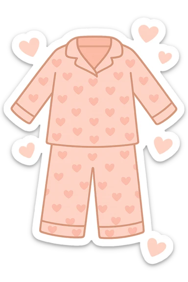 Remove the face from the pink heart pajamas with a pattern of hearts and hearts surrounding it, keep the style and transparency. Maintain the pink pajamas with heart patterns and floating hearts, but without any face visible. sticker