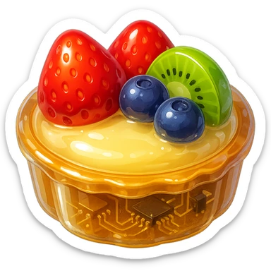 3D glossy fruit tart with golden crust, filled with creamy custard, topped with fresh strawberries, blueberries, and kiwi slices, shiny highlights sticker