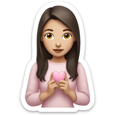Brunette girl, white skin, holding a small pale pink heart  sticker