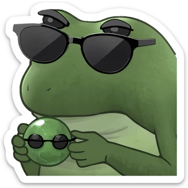 bufo with sharp, angular triangular black frame with dark grey smoked lenses, with a mini full dark powerful orb in his hand sticker