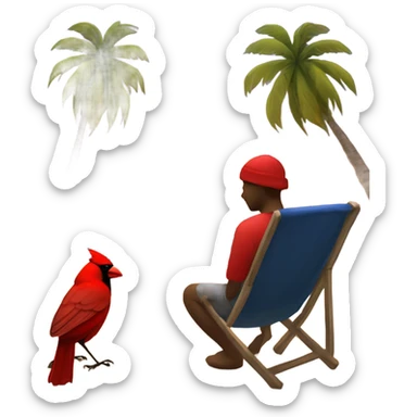 Create a picture of a person and a cardinal that are sad from grief sitting on beach with palm trees during a sunset sticker