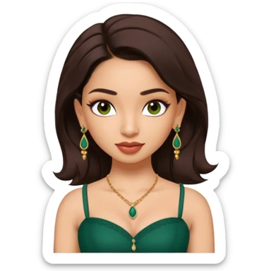 pretty bratz genmoji that looks like tamannah bhatia (bollywood actress), wearing a dark green sweetheart neckline top, dark brown hair, light makeup, no necklace, dangly earrings, side hair part, dark brown eyes, with tattoos sticker