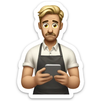 guy who is frustrated wearing an apron and scrolling through phone sticker