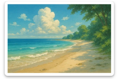 beach, ghibli animation style, dreamy and beautiful, delicate light and shadow sticker