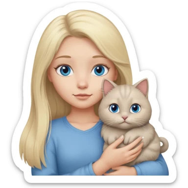 blonde girl with long blonde hair and blue eyes with chubby gray cat sticker
