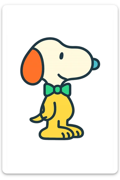 Snoopy, outlined and colorful, with a green bowtie sticker