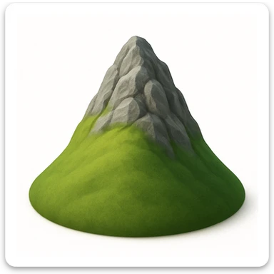 A 3D emoji in iOS emoji aesthetic style of a tall hill with a grassy green base and rocky upper peak, visible stone textures and uneven slopes, the top part made of rough gray rocks while the lower part is covered in lush green grass, sunlight creating soft shadows, realistic yet minimal Apple-style design, clean white background.
 sticker