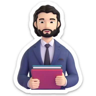 Professional 35-year-old man with black wavy hair, stubble, strong jawline, white skin tone, wearing smart casual business attire, holding a business book, with a confident approachable expression sticker