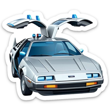 Retro-futuristic hover car inspired by the DeLorean, gullwing doors, silver metallic body with blue-tinted windows, stylized jet boosters in the back, flat vector style, outlined shapes, minimal design sticker