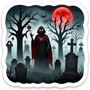 Icon for Horror Movies: A chilling collage with dark silhouettes of monstrous figures, eerie graveyards, and creepy elements like spiders and tombstones. Ghostly fog surrounds, with a blood-red moon in the sky. The mood is unsettling, eerie, and haunting. Transparent background. sticker