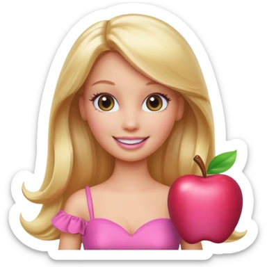 A Barbie-inspired Apple emoji character, big shiny emoji eyes, long blonde hair, wearing a pink dress, smiling, 3D Apple emoji style, clean white background, soft shading. sticker