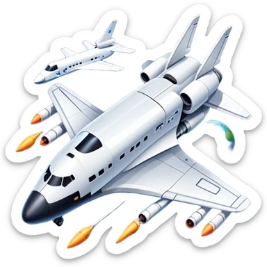 An icon featuring a space shuttle, a drone, and an airplane, symbolizing aerospace technology. The design includes rockets, flight paths, and satellites, representing space exploration and aviation. Transparent background highlights the cutting-edge technologies in air and space travel sticker