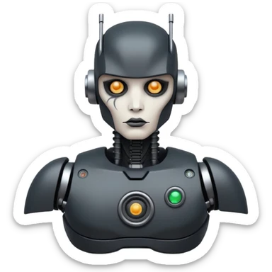 black metal Tatooed robot with radar, big many tatooes on chest, neck and face, white tatoo on face sticker