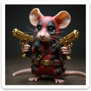 A realistic rat dressed as Deadpool, holding two golden Desert Eagle pistols, dramatic lighting, photorealistic style. sticker