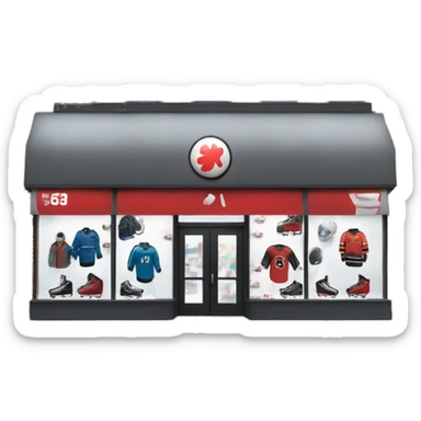 “Hockey store exterior with bold signage, large windows displaying hockey equipment, jerseys, and gear, and a sleek, sporty design that captures the essence of the sport.” sticker