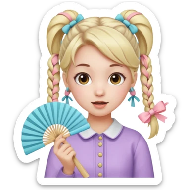 A pigtail girl in modern outfit using a pastel fan with playful expression. sticker