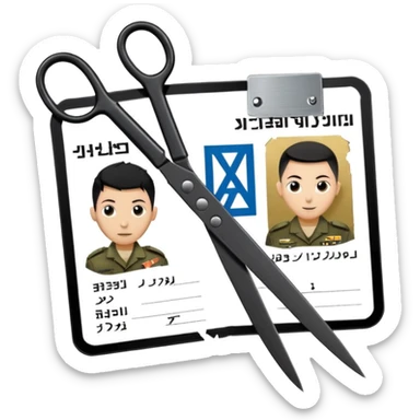 black Scissors cutting an idf soldier ID card in 2 parts .hyper realistic sticker