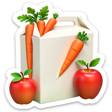 Apply the profile to render a 3D food icon with milk, carrots and apples. A milk (or juice) paper box standing behind, a bright red apple with green leaves on the right, and an orange carrot with green tassels lying horizontally in front. These items all have a smooth, round, and brightly colored cartoonized or iconized appearance, commonly used to represent scenes or concepts related to food staples, healthy eating, nutrition, or daily dining.Octane render. 8k. sticker