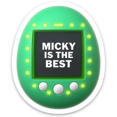 please create me a tamagotchi that syas "micky is the best" on the screen, and make the style of the tamagotchi round and nerdy and gamer like. GTA style. green sticker