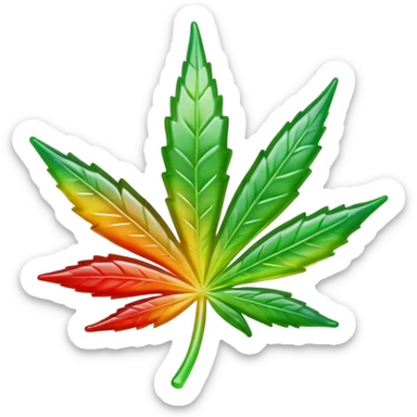 colorful shiny gusher gummy shaped like a cannabis leaf with a bite mark showing the liquid center sticker