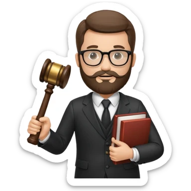 Create a male lawyer. he is wearing a fromal suit jckeret. He is holding a gavel in one hand and a book tucked under his another arm. He has beard and glasses sticker