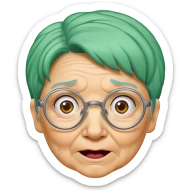 green haired grandma with wrinkles and glassess, surprised sticker