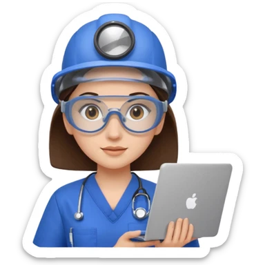 i need a brunette young woman in blue scrubs with brown eyes fair skin with safety goggles on and a laptop for research sticker
