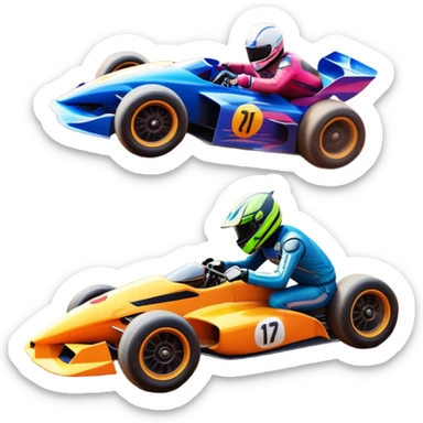 A sleek racing car and motorcycle speeding on a track, leaving a trail of dust behind. The scene captures the thrill of high-speed competition, with blurred motion and vibrant colors, highlighting the dynamic energy of motorsport. sticker