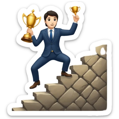 UN HOMBRE DE PIEL CLARA Y PELO OSCURO SUBIENDO ESCALERAS PARA ALCANZAR UN TROFEO sticker