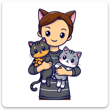 Tan brown-haired girl holding three cats, one black cat, one grey cat, and one grey-striped cat sticker