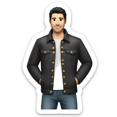 White man black hair jeans jacket with birthday cake sticker