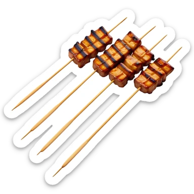 Cinematic Realistic Satay Dish Emoji, depicted as skewered, marinated meat grilled to perfection rendered with rich, smoky textures and dynamic, appetizing lighting. sticker