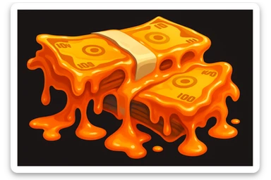 Transform the stacks of money into a scene where the money is flowing like lava, with a molten, liquid effect that is vibrant and dynamic, but still recognizable as money. Keep the style similar to the original image, emphasizing the flowing, molten money effect with rich colors and fluid motion. sticker